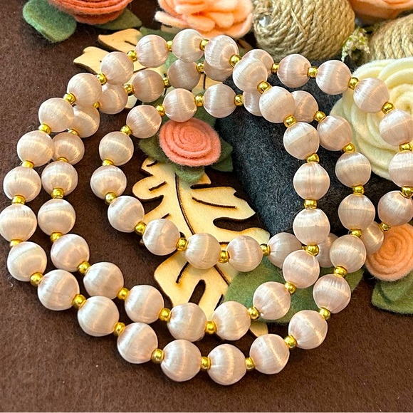 Vintage Satin Light Pink Gold Beaded Long Necklace - Picture 3 of 6